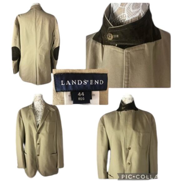 Barn coat stand collar patch elbow Khaki Lands' End 100% cotton 44 R - Picture 4 of 16